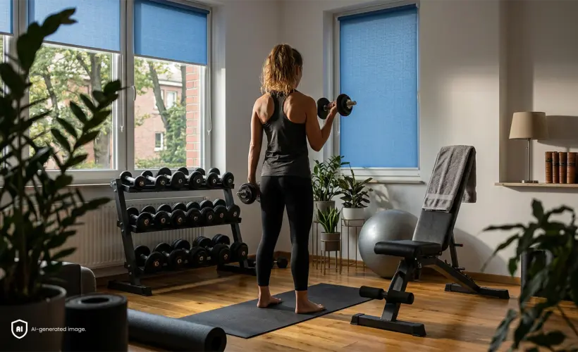 femme s entrainant dans une salle de sport a domicile dans une piece avec des stores enrouleurs standards bleus a la fenetre