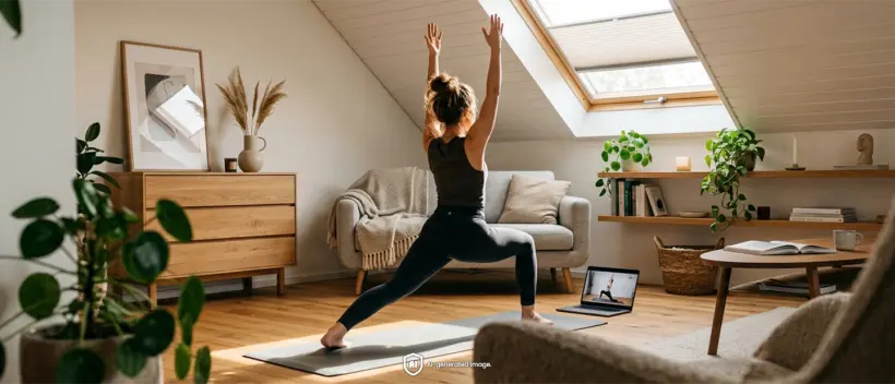femme faisant du yoga sur un tapis devant un ordinateur portable dans le salon avec un store plisse pour fenetre de toit