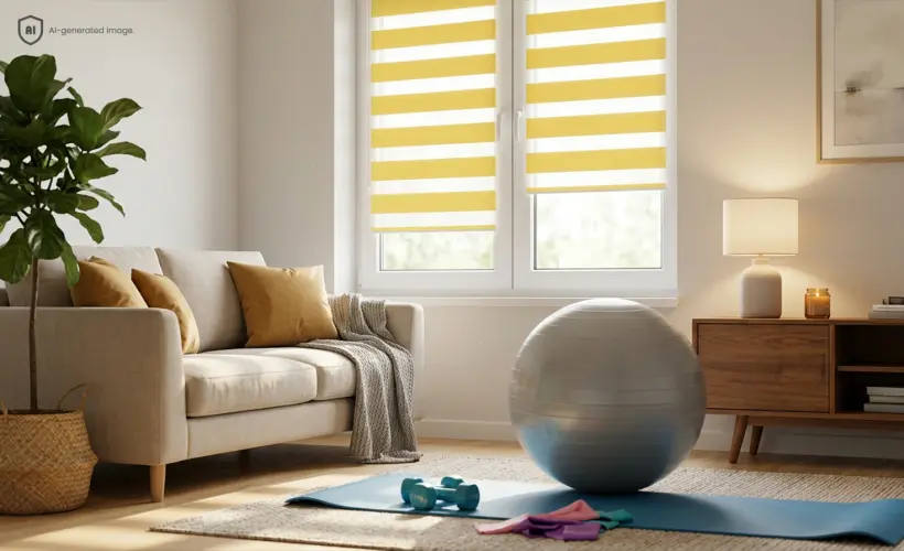 tapis et equipement d exercice installes dans le salon avec un store jour nuit jaune a la fenetre