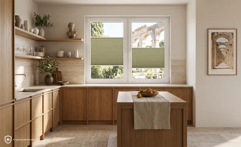 Une cuisine lumineuse avec un store pliss&eacute; &agrave; la fen&ecirc;tre et un &eacute;difice antique visible &agrave; l&rsquo;ext&eacute;rieur.