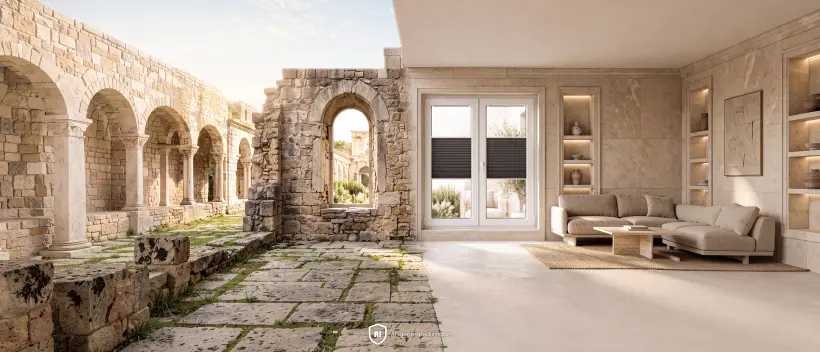 Une image divis&eacute;e en deux parties : &agrave; droite, un int&eacute;rieur moderne avec un store pliss&eacute; sur la fen&ecirc;tre ; &agrave; gauche, une vue sur des ruines antiques.