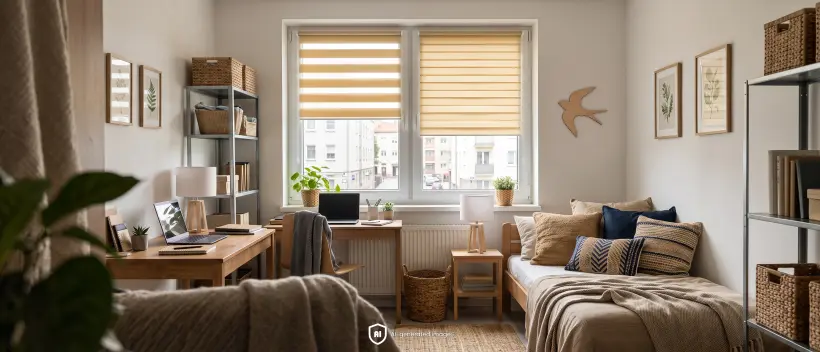 Une petite pièce chaleureuse dans un appartement en location, avec des Stores Jour et Nuit jaunes aux fenêtres.