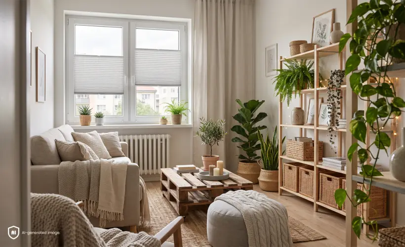 Une petite pi&egrave;ce chaleureuse de style boh&egrave;me, avec des pliss&eacute;s Standard gris sur la fen&ecirc;tre.