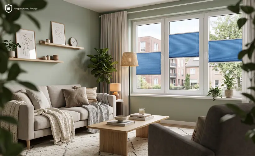 Une petite pièce dans un appartement en location, avec des plissés Standard bleus sur la fenêtre.
