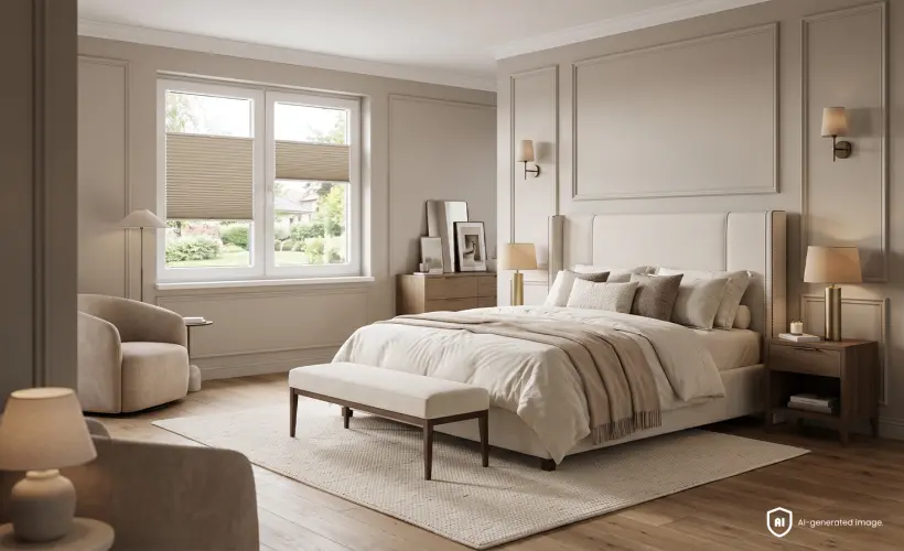 Chambre chaleureuse aménagée dans un style modern classic, avec des stores plissés en nid d’abeille beiges à la fenêtre.