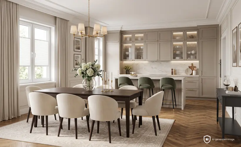 Cuisine spacieuse avec salle &agrave; manger, am&eacute;nag&eacute;e dans un style modern classic, avec des stores pliss&eacute;s blancs standard &agrave; la fen&ecirc;tre.