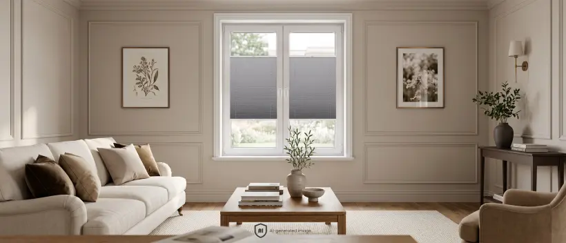 Grand salon lumineux aux tons beiges, aménagé dans un style modern classic, avec des stores plissés gris standard à la fenêtre.