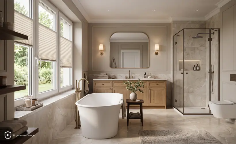 Grande salle de bains moderne, aménagée dans un style modern classic, avec des stores plissés beiges standard à la fenêtre.