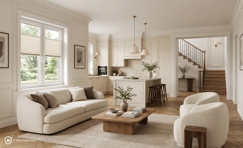 Salon lumineux et spacieux avec cuisine ouverte, am&eacute;nag&eacute; dans un style modern classic, avec des stores pliss&eacute;s beiges standard &agrave; la fen&ecirc;tre.