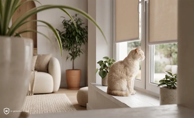 Chat au pelage clair assis sur le rebord d&rsquo;une fen&ecirc;tre &eacute;quip&eacute;e d&rsquo;un store enrouleur standard beige.