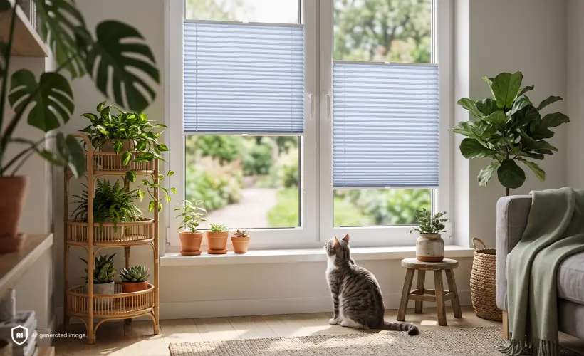Tout petit chaton gris regardant par la fen&ecirc;tre, &eacute;quip&eacute;e de stores pliss&eacute;s standard bleus.