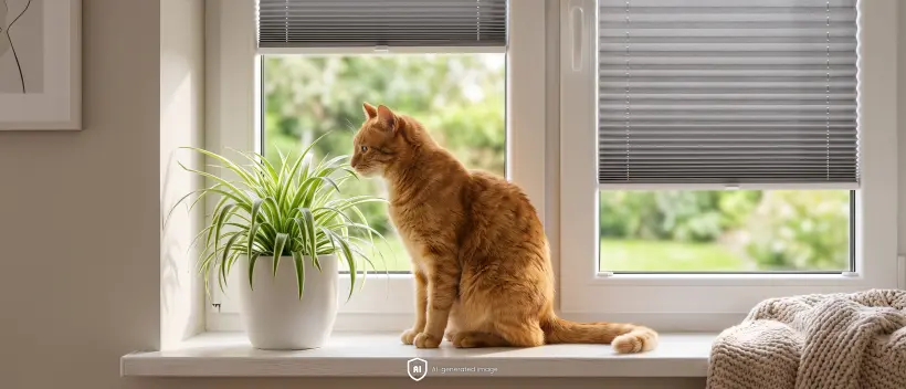 Petit chat roux assis sur le rebord de la fen&ecirc;tre, avec un store pliss&eacute; gris standard en arri&egrave;re-plan.