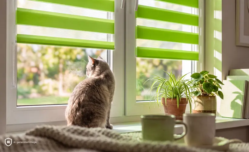Petit chat gris assis sur le rebord d&rsquo;une fen&ecirc;tre &eacute;quip&eacute;e d&rsquo;un store jour et nuit vert.