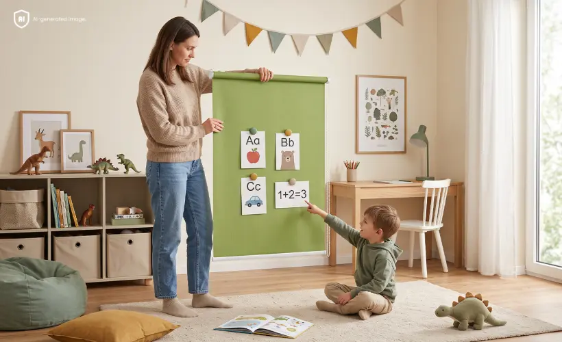 Une femme tient un store enrouleur utilisé comme tableau éducatif pour enfants.