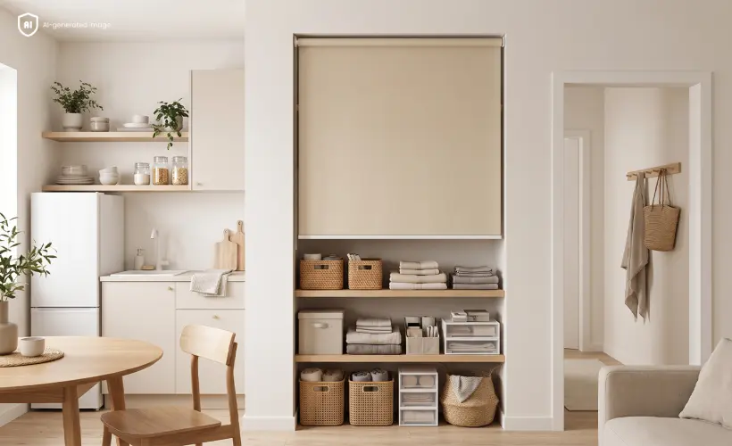 Un store enrouleur standard fix&eacute; au mur sert &agrave; dissimuler une niche.