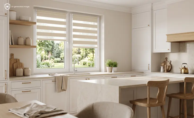 Beige day-and-night blinds fitted to two windows in a bright kitchen.