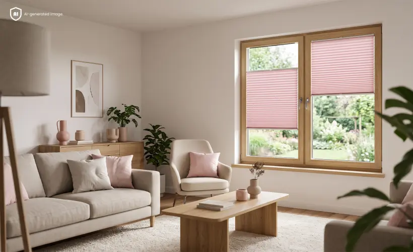 Des stores pliss&eacute;s roses couvrant certaines parties de deux fen&ecirc;tres dans un salon lumineux.
