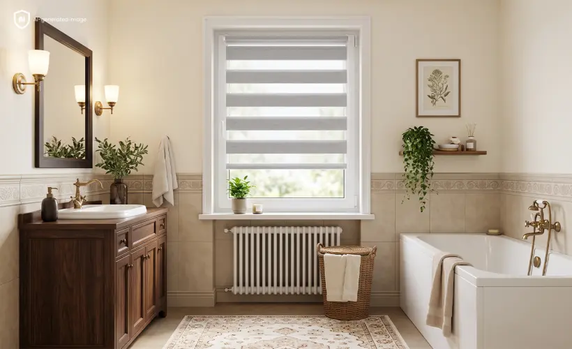 Petite salle de bain dans un appartement avec un store jour et nuit gris &agrave; la fen&ecirc;tre.