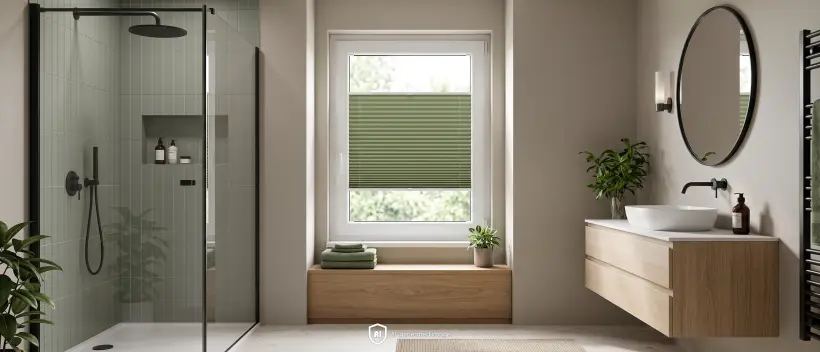 Grande salle de bain spacieuse et moderne dans des tons de gris, avec un store pliss&eacute; standard vert &agrave; la fen&ecirc;tre.