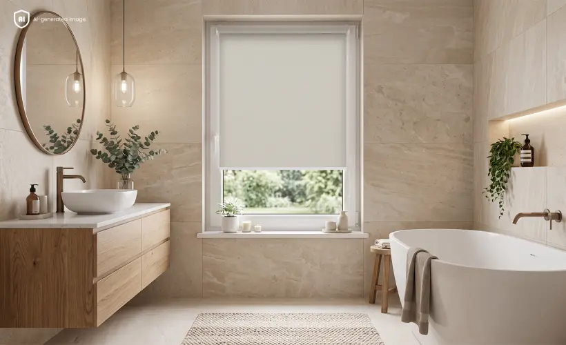 Salle de bain moderne beige dans un style bohème avec un store enrouleur standard à la fenêtre.