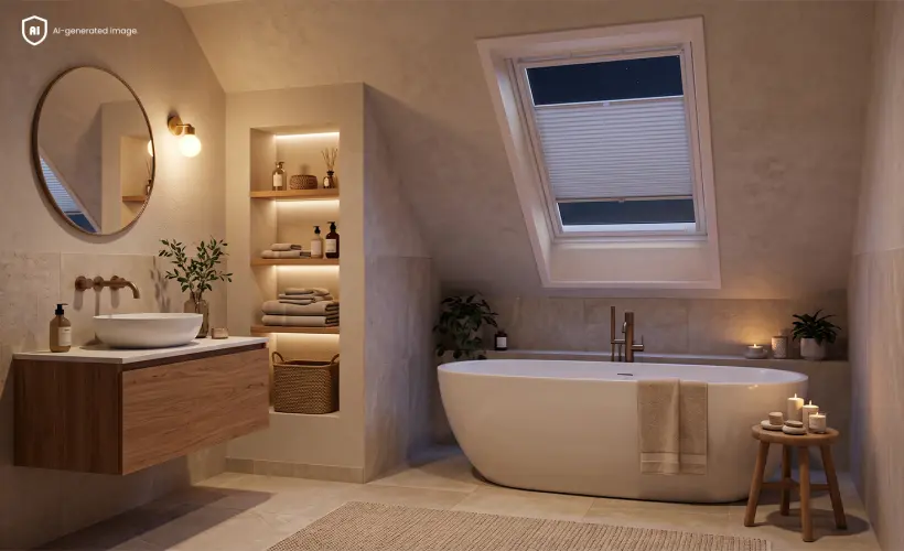 Salle de bain sous les combles avec un store plissé de toit bleu à la fenêtre.