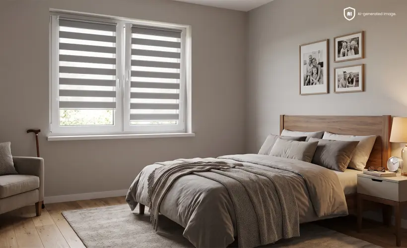 Chambre grise et chaleureuse dans le logement d&rsquo;un senior avec des stores jour nuit gris sur la fen&ecirc;tre