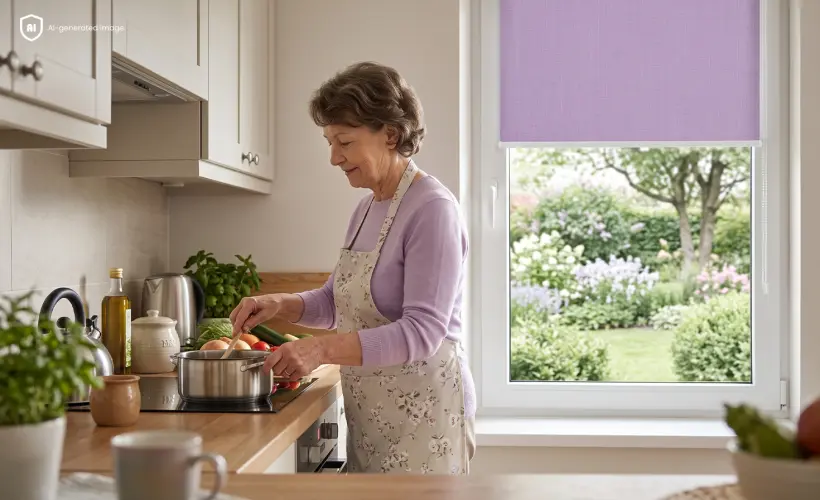 Femme senior pr&eacute;parant un repas dans une petite cuisine avec un store enrouleur Standard couleur am&eacute;thyste pastel sur la fen&ecirc;tre