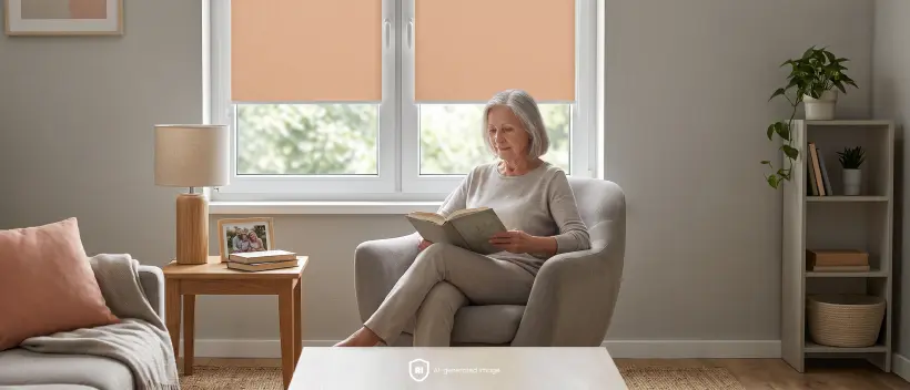 Femme senior assise dans un fauteuil et lisant un livre pr&egrave;s d&rsquo;une fen&ecirc;tre &eacute;quip&eacute;e d&rsquo;un store enrouleur Standard couleur abricot