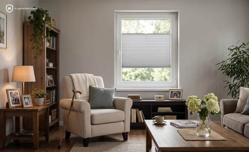 Salon gris et chaleureux dans le logement d&rsquo;un senior avec un store pliss&eacute; Standard gris clair sur la fen&ecirc;tre