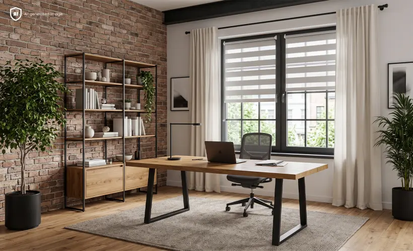 Bureau de style loft avec mur en brique, bureau en bois et stores jour nuit clairs aux fen&ecirc;tres.