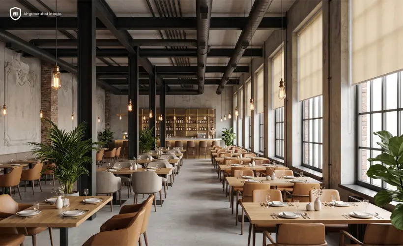 Restaurant spacieux de style loft avec de grandes fen&ecirc;tres &eacute;quip&eacute;es de stores enrouleurs clairs.