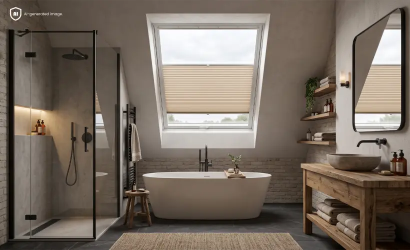 Salle de bains de style loft avec baignoire, &eacute;l&eacute;ments en bois et store pliss&eacute; beige sur une fen&ecirc;tre de toit.
