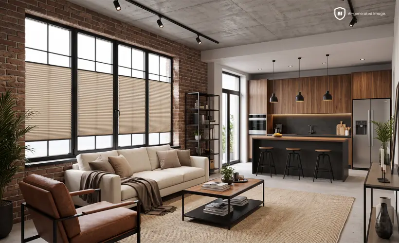 Salon ouvert sur la cuisine dans un style loft, avec des stores pliss&eacute;s beiges sur de grandes fen&ecirc;tres.