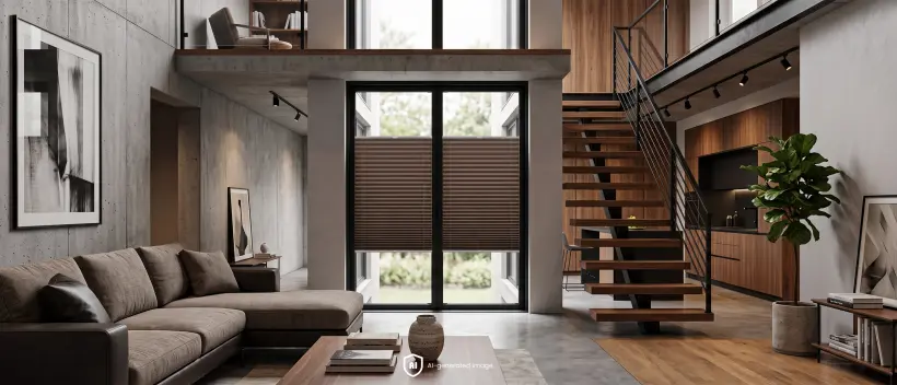 Salon loft moderne avec b&eacute;ton, escalier en bois et stores pliss&eacute;s bruns sur une haute fen&ecirc;tre.