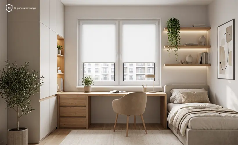 Atmospheric minimalist office with white roller blinds on the window