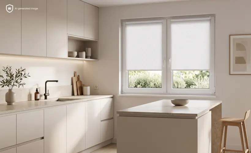 Cuisine claire, moderne et minimaliste avec des stores enrouleurs standard blancs