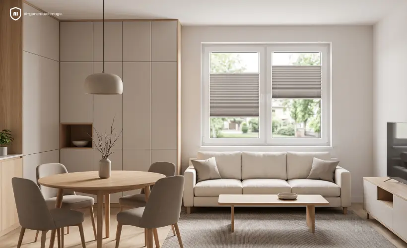 Petit salon avec coin repas de style minimaliste et stores plissés standard gris à la fenêtre