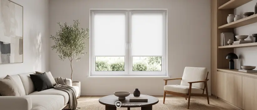 Salon lumineux et spacieux de style minimaliste avec des stores jour nuit blancs aux fen&ecirc;tres