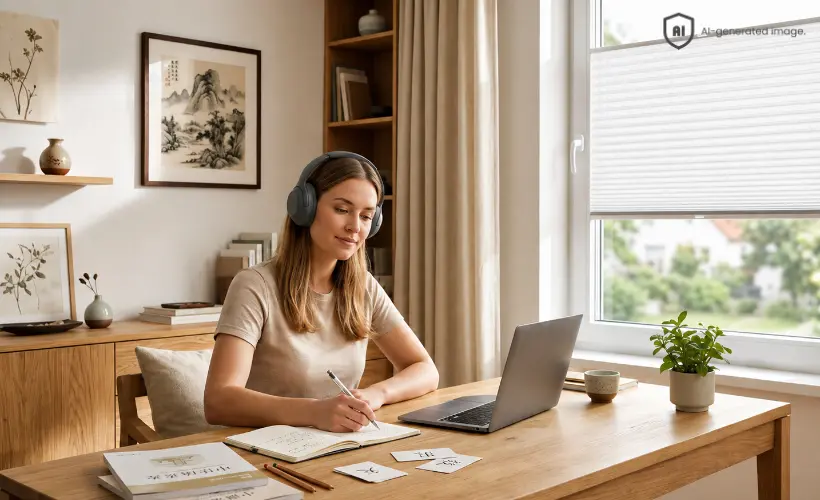 Woman wearing headphones at a desk while learning foreign languages, with a white pleated blind on the window