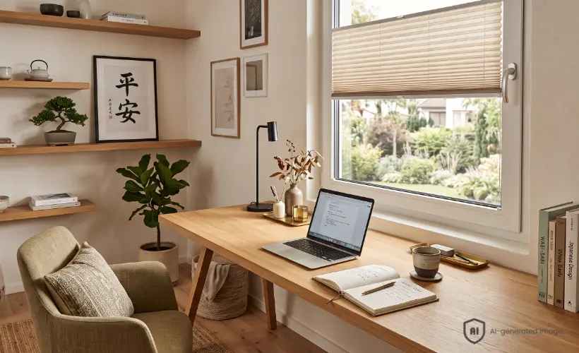 Espace avec bureau am&eacute;nag&eacute; pour apprendre des langues &eacute;trang&egrave;res &agrave; la maison, avec un store pliss&eacute; beige &agrave; la fen&ecirc;tre