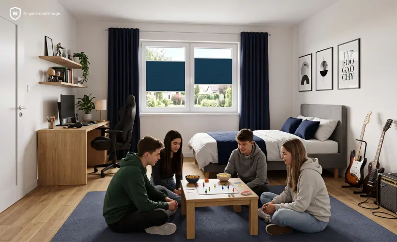 Un groupe d&rsquo;adolescents joue &agrave; un jeu de soci&eacute;t&eacute; dans une chambre &eacute;quip&eacute;e de stores pliss&eacute;s bleus &agrave; la fen&ecirc;tre.