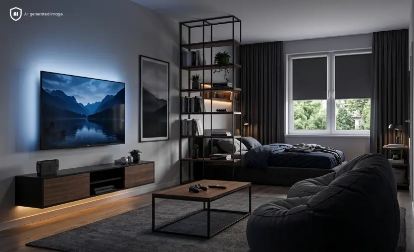Zone de d&eacute;tente dans une chambre d&rsquo;adolescent avec des stores enrouleurs fonc&eacute;s &agrave; la fen&ecirc;tre.