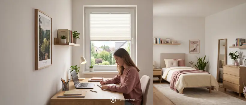 Une adolescente &eacute;tudie &agrave; un bureau pr&egrave;s d&rsquo;une fen&ecirc;tre &eacute;quip&eacute;e d&rsquo;un store pliss&eacute; beige.