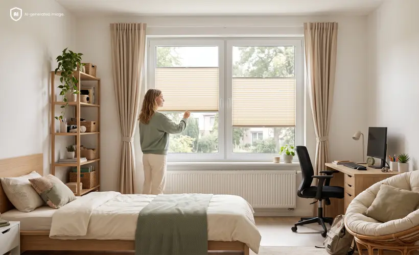 Une adolescente r&egrave;gle des stores pliss&eacute;s beiges dans une chambre claire avec des espaces pour travailler et se d&eacute;tendre.