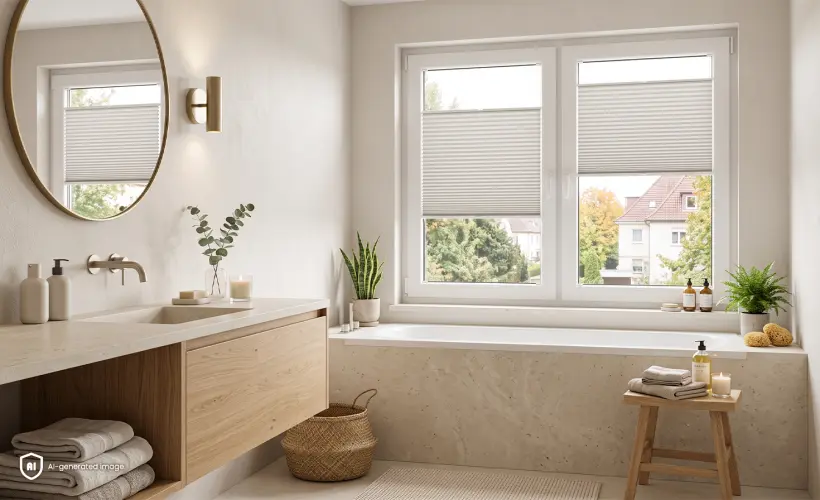 Bright New Cozy bathroom with a large bath and grey standard pleated blinds on the windows