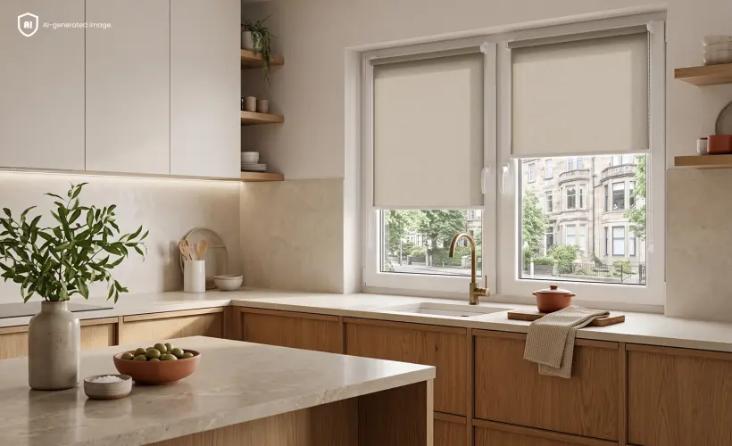 Spacious beige New Cozy kitchen with grey standard roller blinds on the windows