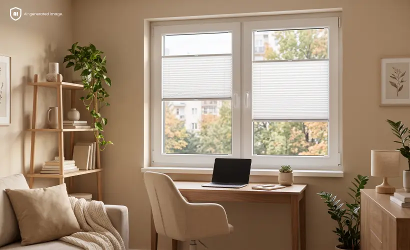 Bureau chaleureux dans des tons beiges, aménagé dans le style New Cozy, avec un store plissé standard blanc à la fenêtre