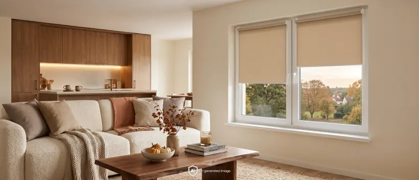 Grand salon chaleureux avec cuisine ouverte dans le style New Cozy, avec des stores enrouleurs standard couleur noyer aux fenêtres