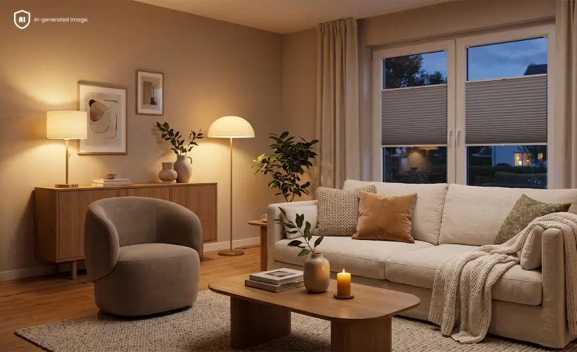 Salon chaleureux aménagé dans le style New Cozy sous une lumière du soir, avec des stores plissés occultants gris aux fenêtres