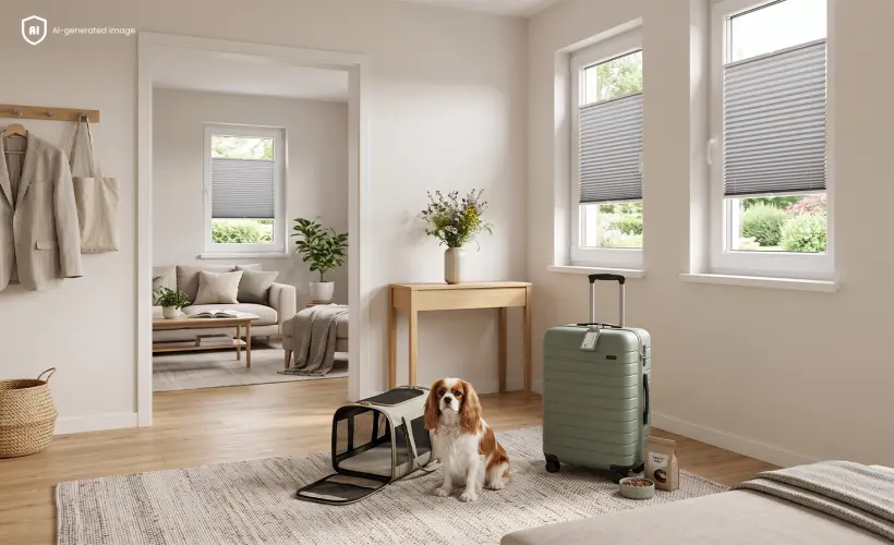 Chien assis pr&egrave;s d&rsquo;une valise dans un int&eacute;rieur lumineux avec des stores pliss&eacute;s gris aux fen&ecirc;tres.